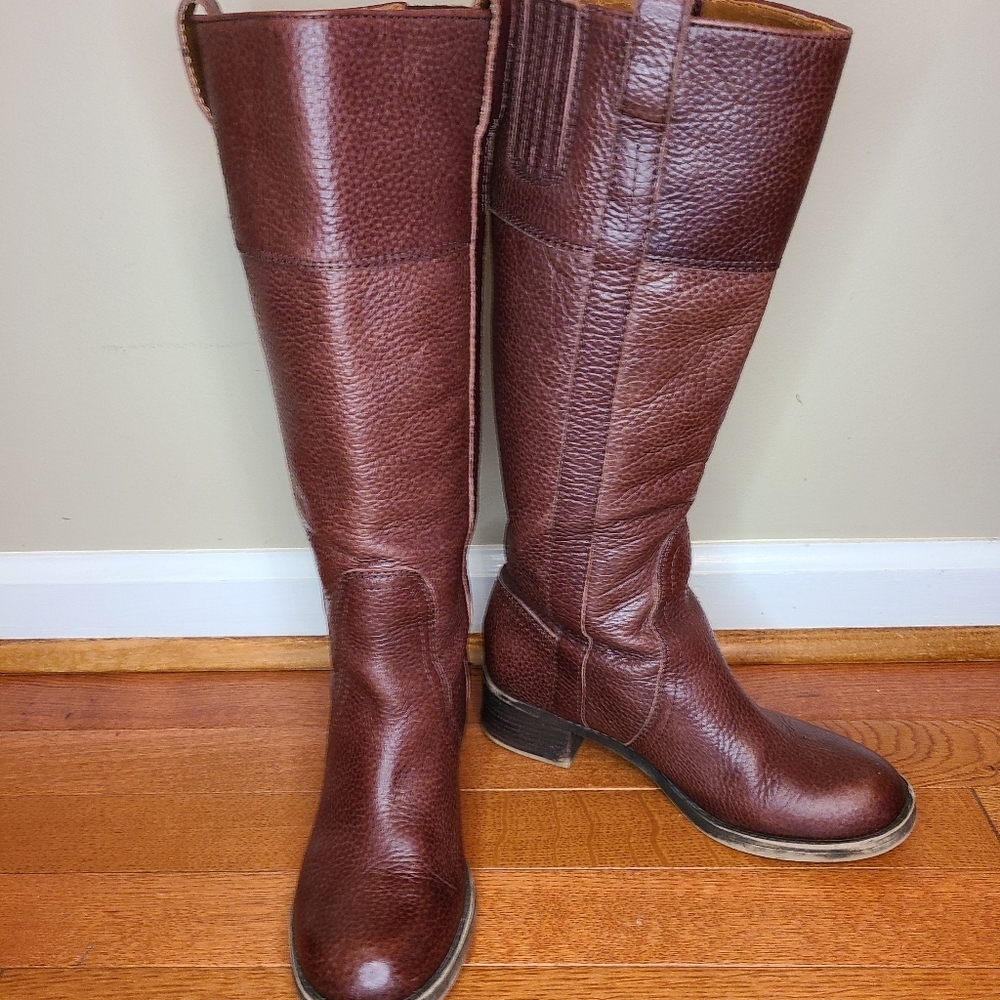 Lucky Brand Tall Hisbiscus Pebbled Brown Leather Pull-On Riding Boots Size 7 M